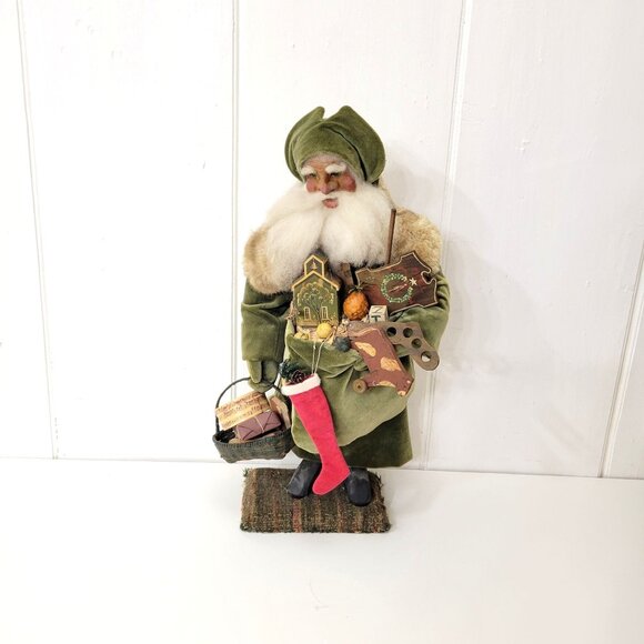 Other - Primitive Handcrafted Father Christmas Santa Claus Figurine With Velvet Coat & F
